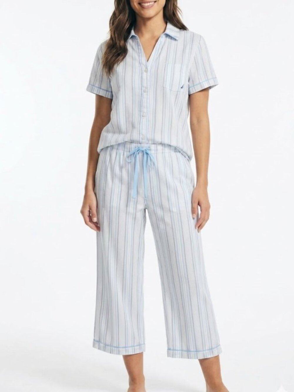 Nautica Coastal Grandma Blue Striped Button-Down Crop Pajama Set Sz Small